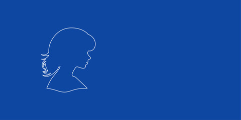 A large white outline woman face profile symbol on the left. Designed as thin white lines. Vector illustration on blue background