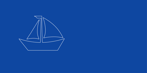 A large white outline sailing boat symbol on the left. Designed as thin white lines. Vector illustration on blue background
