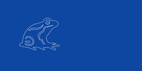 A large white outline frog symbol on the left. Designed as thin white lines. Vector illustration on blue background