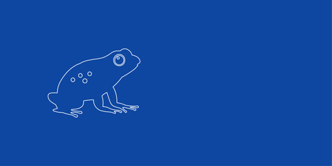 A large white outline frog symbol on the left. Designed as thin white lines. Vector illustration on blue background