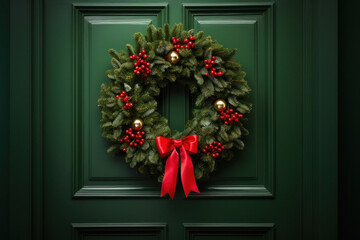 Wooden door decorating with flowers. christmas festival concept.