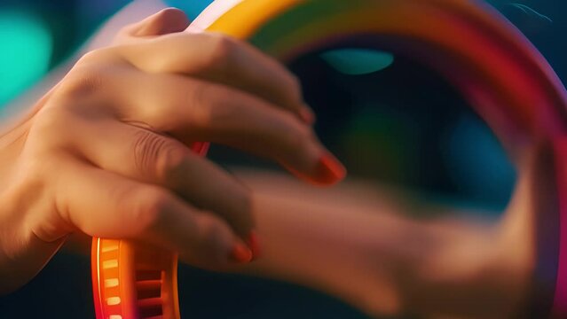 A colorful closeup shot of a hand holding onto a yoga wheel with determination reflecting the resilience and dedication needed to .