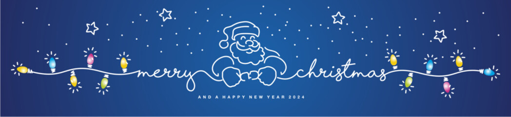 Merry Christmas and Happy new year 2024 eve line design handwritten lettering tipography line design pattern with Santa Claus turns on the Christmas lights on a blue background