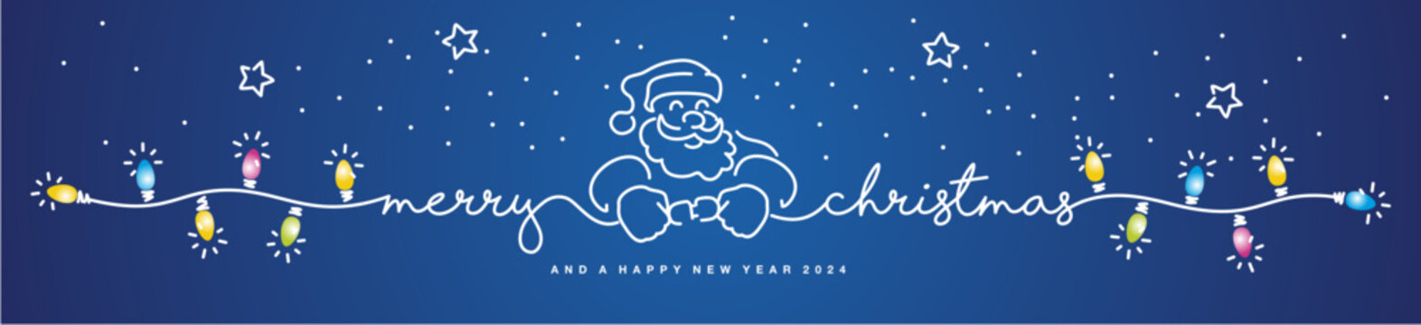 Merry Christmas and Happy new year 2024 eve line design handwritten lettering tipography line design pattern with Santa Claus turns on the Christmas lights on a blue background