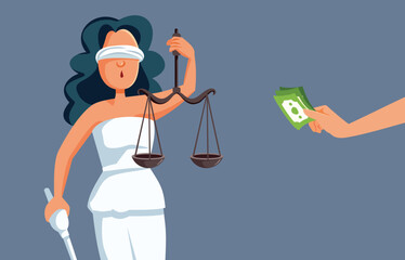 Justice Lady Taking Bribe Money Corruption Concept Illustration. Unfair justice system being blindfolded and corrupt 
