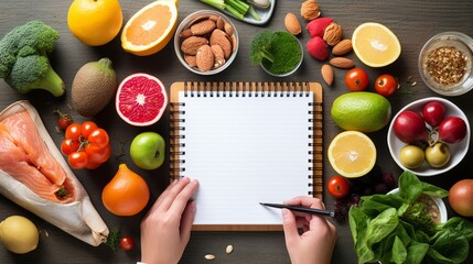 nutritionist crafting a healthy diet plan – top view of table with nutrient-rich foods and...