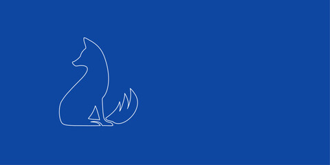 A large white outline fox symbol on the left. Designed as thin white lines. Vector illustration on blue background