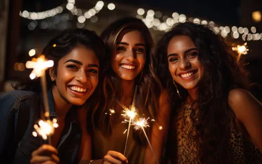 Fotobehang young indian friends group celebrating diwali festival. © PRASANNAPIX