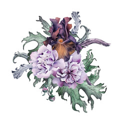 Watercolor purple Iris, peony and leaves isolated on white. Gothic floral Illustration feathers hand drawn. Black botanical decoration with flowers. Element for invitation, backdrop, card, printing © Ekaterina Lanbina