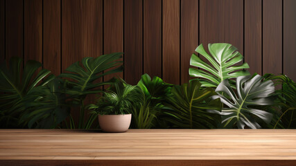 Empty wooden room decoration with tropical plant decorations, monstera leaves, and a empty table for show your products