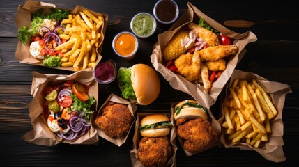 delicious fast food: hamburger in takeaway container on wooden background - food delivery concept