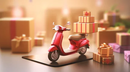 Abwaschbare Fototapete Scooter swift delivery: scooter unleashes packages from smartphone screen - 3d rendered illustration