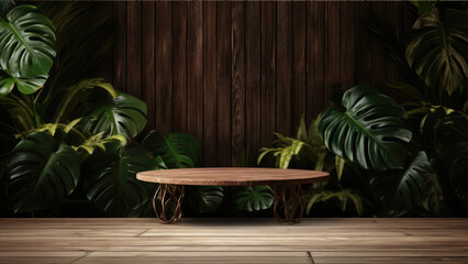 Wooden podium with tropical plants and monstera leaves on dark background with copyspace. 3d render, for cosmetic product presentation, product display, banner background