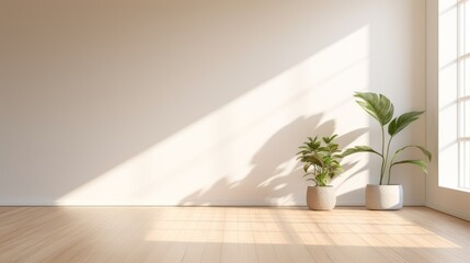 Empty room of modern contemporary loft with plants on wooden floor, 