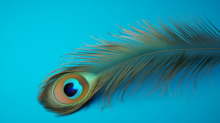 Obraz premium peacock feather on pale blue background