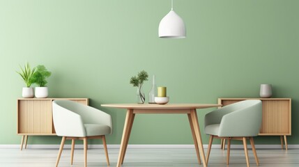 Mint color chairs at round wooden dining table in room with sofa and cabinet 