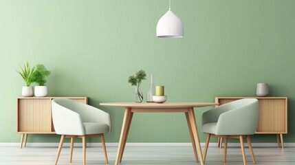 Fototapeta premium Mint color chairs at round wooden dining table in room with sofa and cabinet 