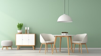 Mint color chairs at round wooden dining table in room with sofa and cabinet 