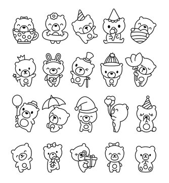 Cute kawaii teddy bear. Coloring Page. Cartoon funny animals character. Hand drawn style. Vector drawing. Collection of design elements.