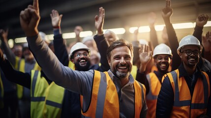 a Workers or businessmen raising their hands in joy,  - obrazy, fototapety, plakaty