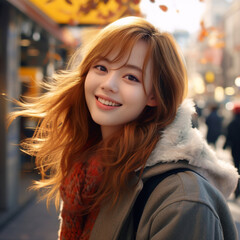 Obraz premium [salon kei],a girl with soft light brown hair is photograph, in the style of realistic hyper-detailed photograph [background city weather fine autumn],natural makeup,[hyper-realistic skin texture]