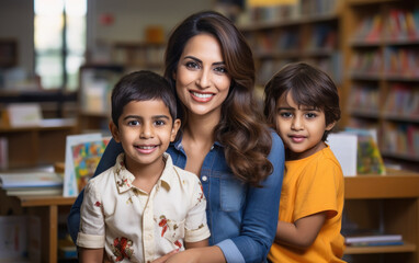 Obraz premium young indian female teacher with little students
