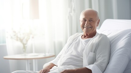 Senior man sitting happy on hospital bed,, - Powered by Adobe