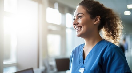 Fototapeta premium Side view of Smiling young nurse in a hospital,