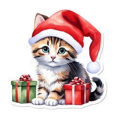 Watercolor Christmas red kitten. Cat in red hats with Christmas toys and gifts. Sticker