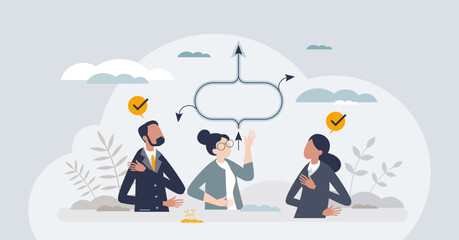 Mediation session and redirecting conversation progress tiny person concept. Communication professional and psychologist support for effective negotiation and arguments listening vector illustration.