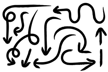 Set of hand drawn arrows. Brush, paint arrow icons. Doodle, cursor, cartoon, chalk lines. Isolated vector illustration