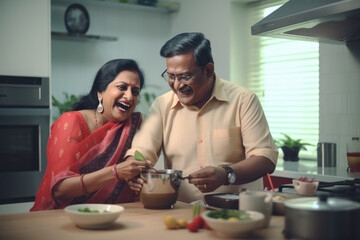 Fototapeta na wymiar Senior indian couple cooking together at kitchen