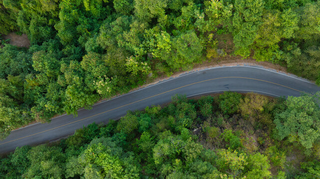 Aerial view of road dark green forest Natural landscape and elevated traffic roads Adventure travel and transportation ideas for the environment © Photo Sesaon