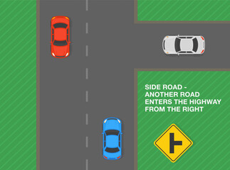 Safe driving tips and traffic regulation rules. Another road enters the highway. Top view of a side road and traffic flow. Flat vector illustration template.