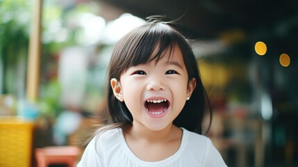 Happy Little asian girl child showing front teeth ,health of teeth with young children - obrazy, fototapety, plakaty