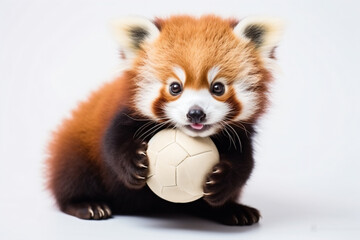 a red panda holding a soccer ball in its paws