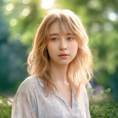 Naklejka premium [salon kei],a girl with soft light brown hair is photograph, in the style of realistic hyper-detailed photograph [background forest weather fine ],natural makeup,[hyper-realistic skin texture]