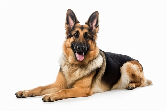 a german shepherd dog laying down on a white background