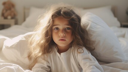 Little girl awakening in the early morning in the bed. 