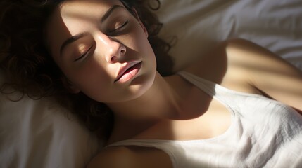 Photo of sleeping young woman lies in bed with eyes closed., - Powered by Adobe