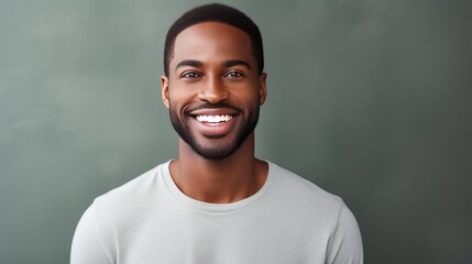 Obraz premium Portrait of delighted African American male with positive smile, 