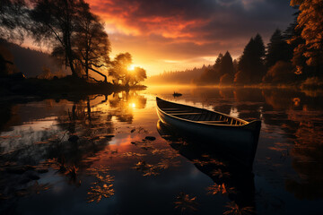 Landscape of lake with rowing boat and sunrise.