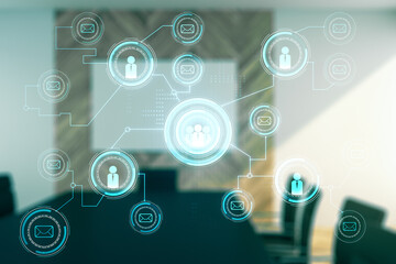 Double exposure of abstract virtual social network icons on a modern meeting room background. Marketing and promotion concept