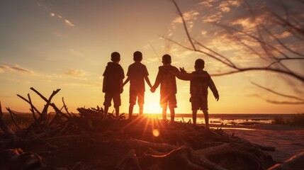 Silhouette boys hold hand together ,during sunset  - obrazy, fototapety, plakaty
