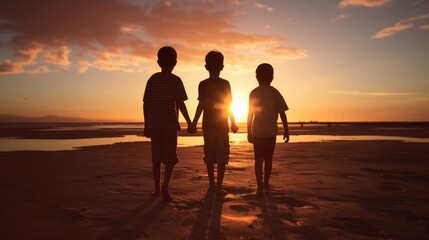 Silhouette boys hold hand together ,during sunset 
