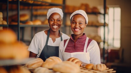 Smiling african female bakers looking at camera. - obrazy, fototapety, plakaty