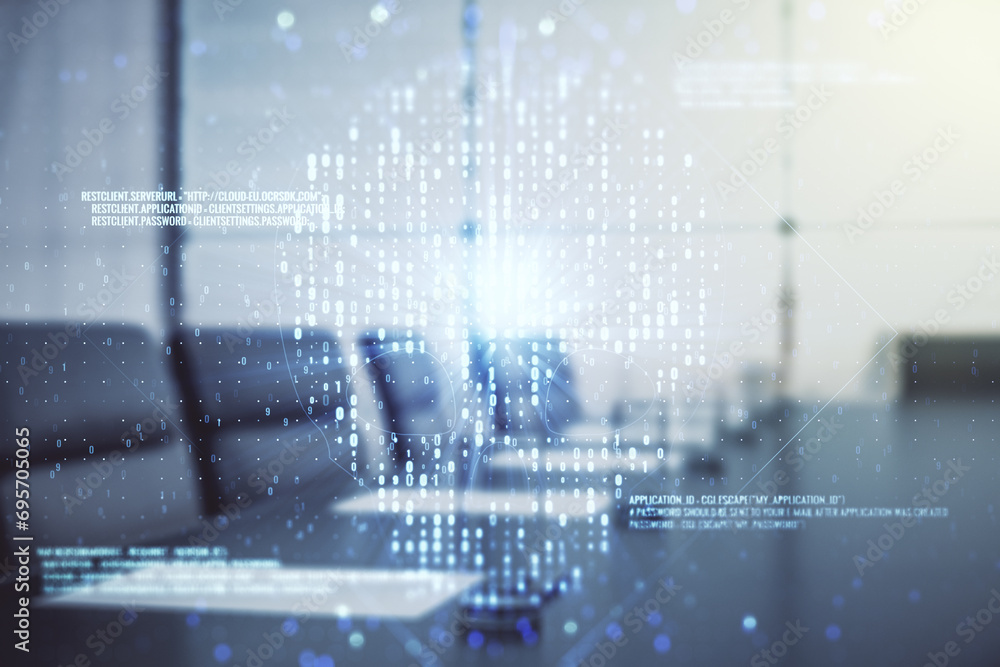 Poster double exposure of abstract virtual creative code skull hologram on a modern meeting room background