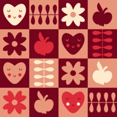 Rollo Swiss style seamless pattern with hearts and apples silhouettes. Checkered print for tee, paper, fabric, textile. Retro style vector illustration for decor and design. © Anna