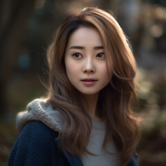 Obraz premium [salon kei],a girl with soft light brown hair is photograph, in the style of realistic hyper-detailed photograph [background city weather fine autumn],natural makeup,[hyper-realistic skin texture]