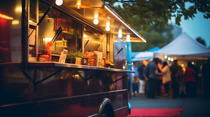 Vibrant city festival scene with selective focus on a tempting food truck delight